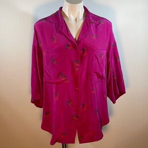 Vintage 80's linda allard ellen tracy silk blouse paisley short sleeves Fuchsia